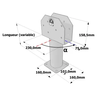Poteau structurel OSP - D102mm - Platine haute en U 75x230x158,5mm - Embase 160x160mm